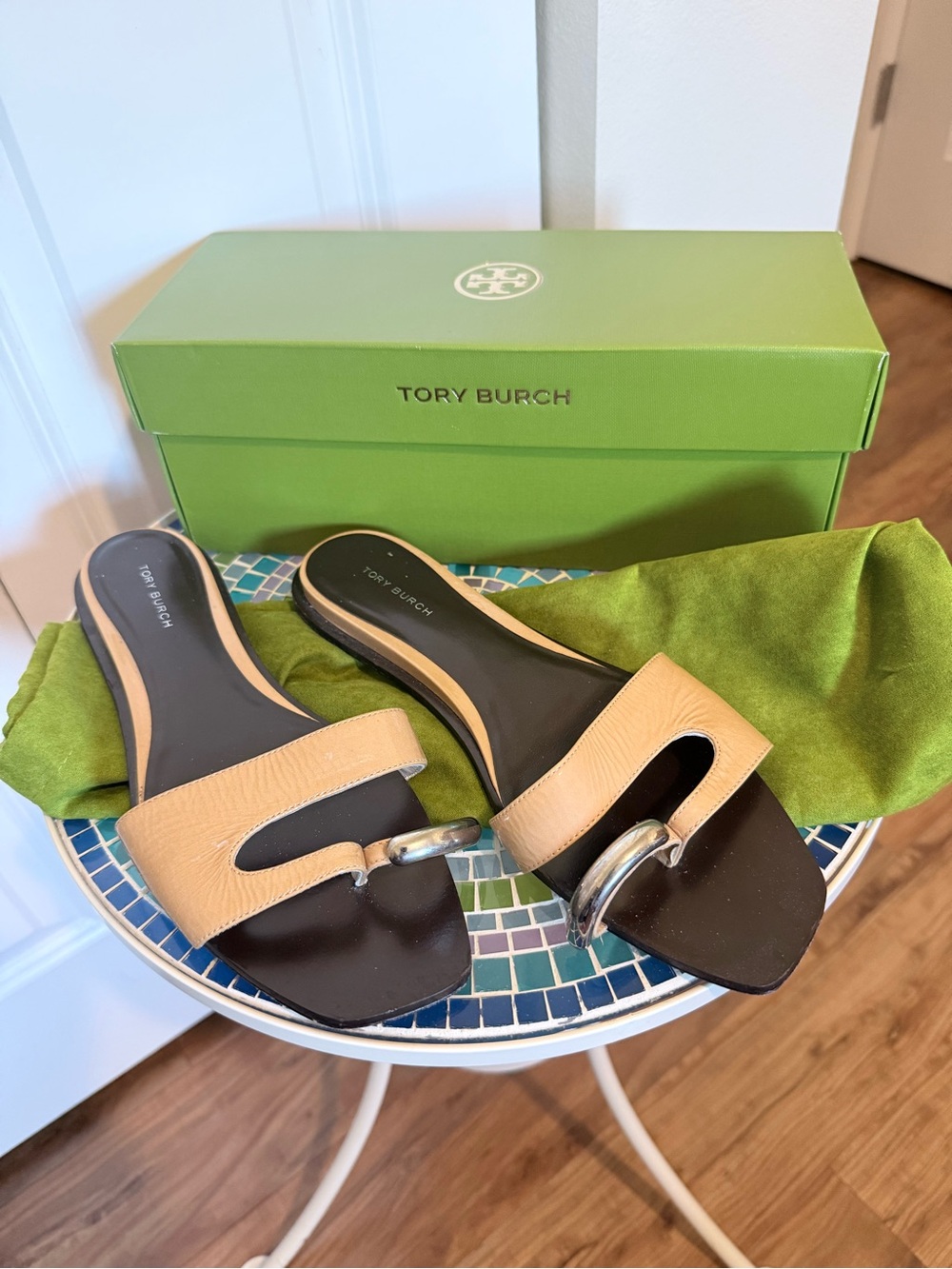 Tory Burch Beige Leather Slide Mules with Silver Hardware